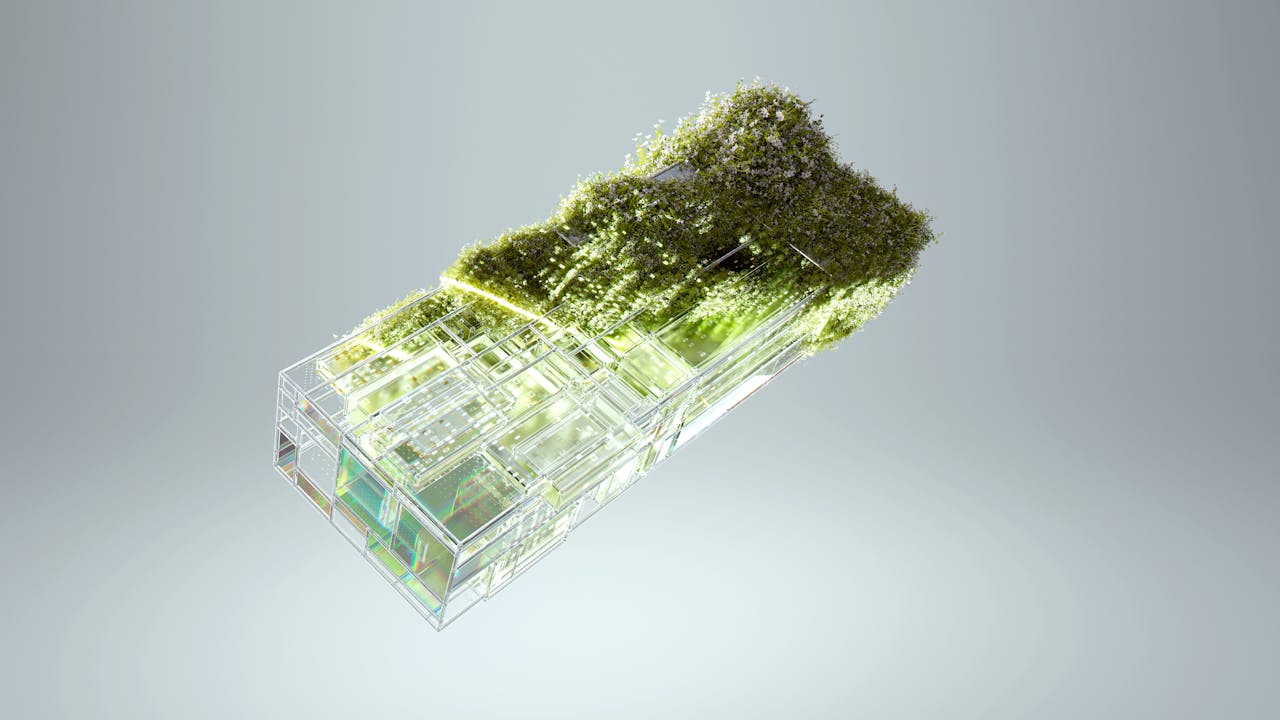 our-services-2 3D render of a glass structure with embedded greenery, symbolizing sustainable technology integration.