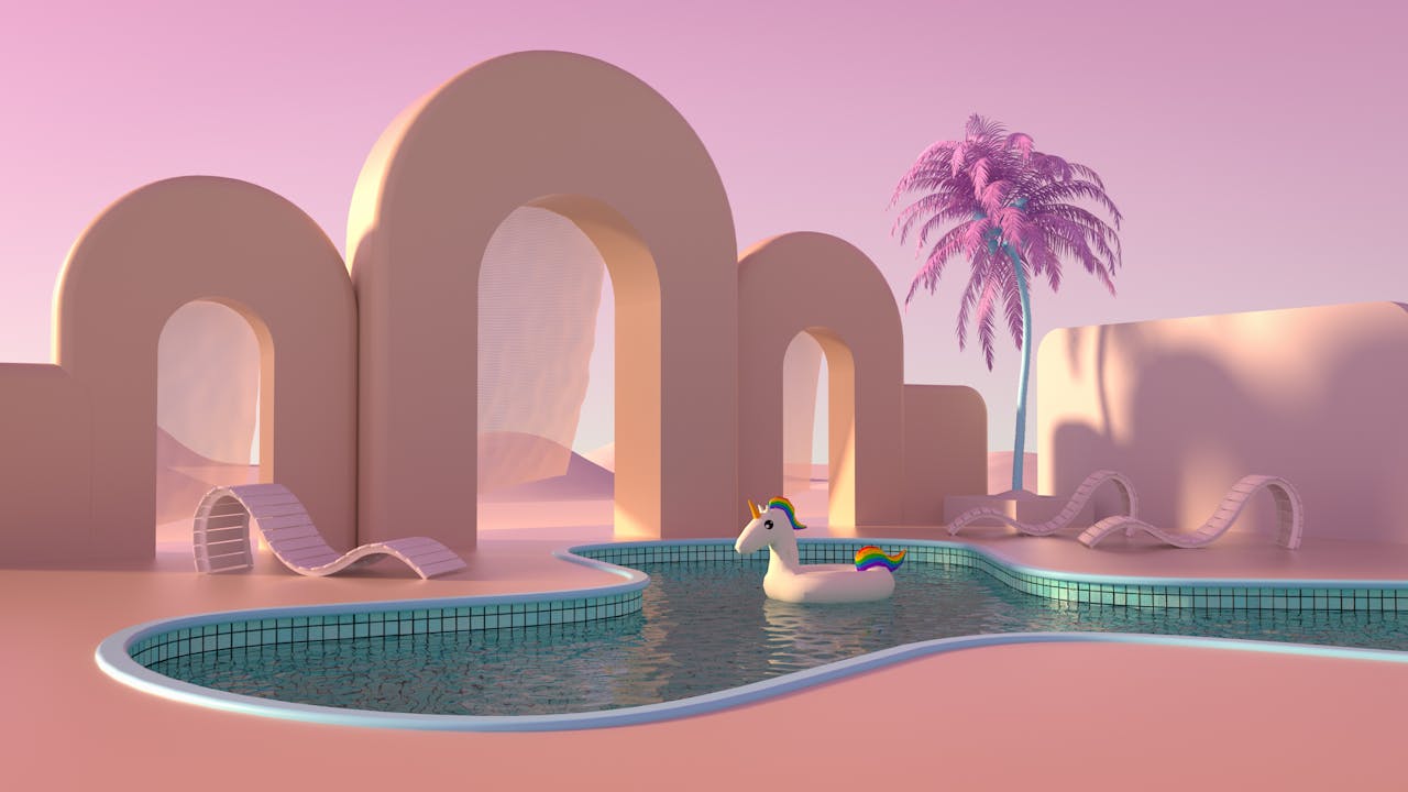 gallery-2 Futuristic and surreal outdoor oasis featuring arched structures and a decorative pool with a colorful float.