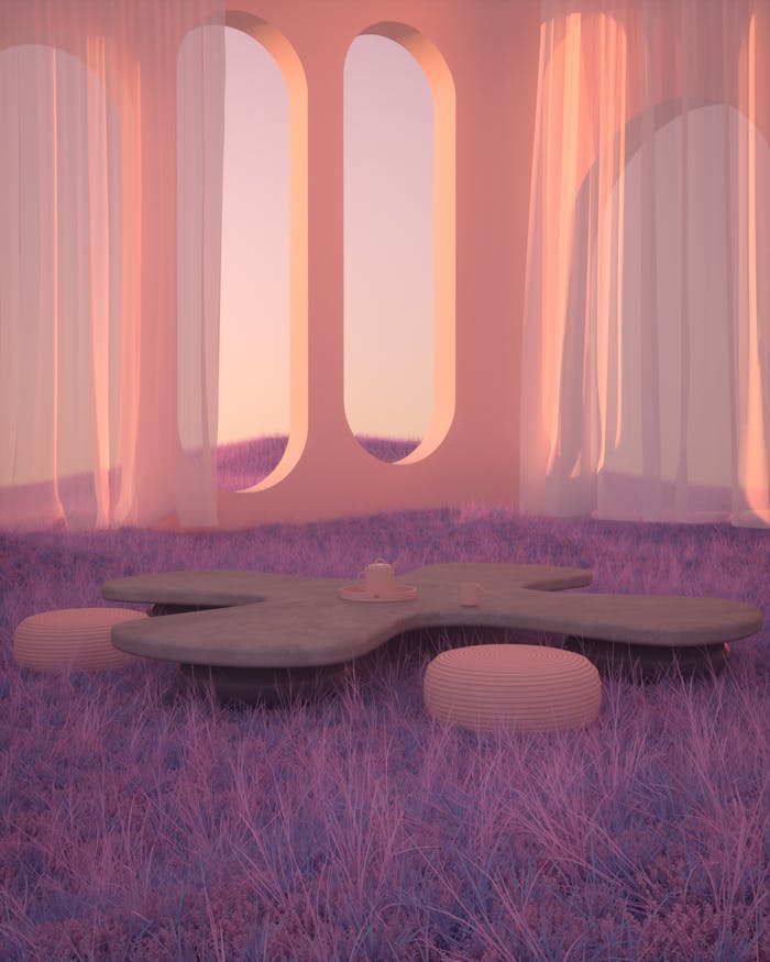 about-02 Ethereal 3D-rendered room with futuristic design and pastel hues, capturing a calm and serene atmosphere.